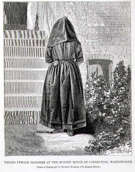 Prisioneira velada na Casa de Correcção de Surrey, Wandsworth, de "The Criminal Prisons of London and Scenes of Prison Life" de Henry Mayhew (1812-87) e John Binny de English School