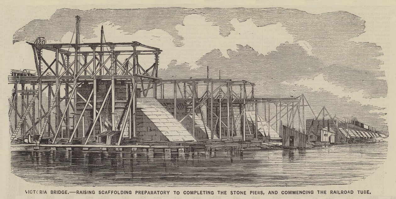 Ponte Victoria, levantamento de andaimes preparatório para a conclusão dos pilares de pedra e início do tubo ferroviário (gravura) de English School
