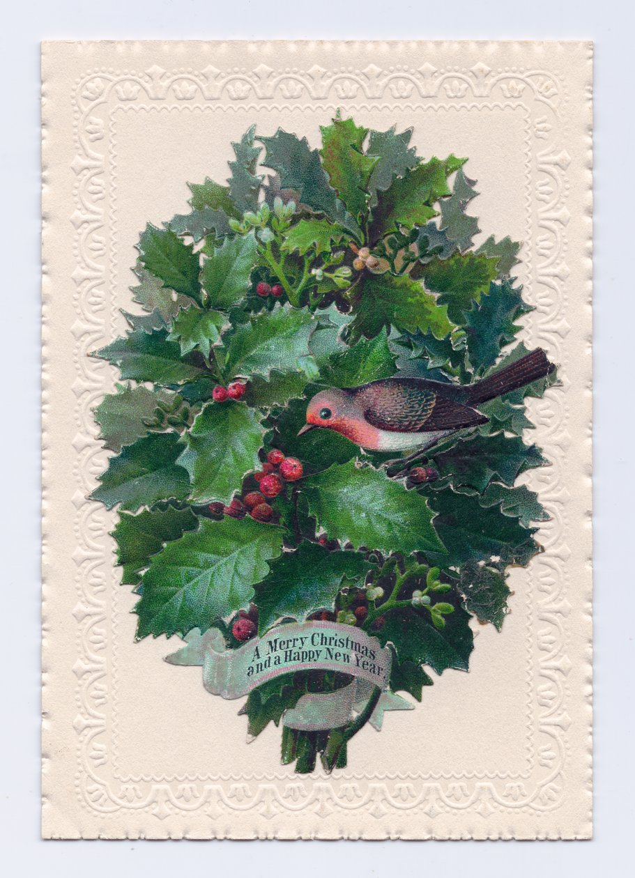 Cartão de Natal e Ano Novo vitoriano de um robin num ramo de folhas de azevinho, c.1880 (cor litho) de English School