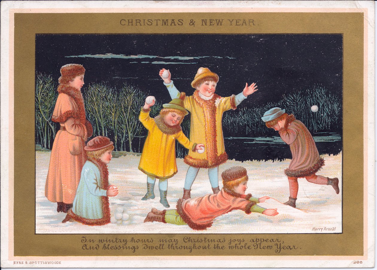 Cartão de Natal e Ano Novo vitoriano de crianças brincando na neve e jogando bolas de neve, c.1880 (cor litho) de English School