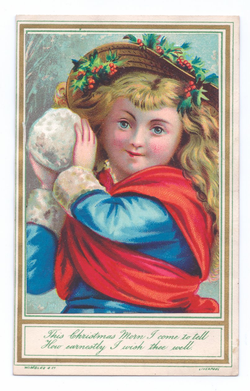 Cartão de Natal vitoriano de uma criança usando um chapéu com azevinho segurando uma bola de neve, c.1880 (cor litho) de English School