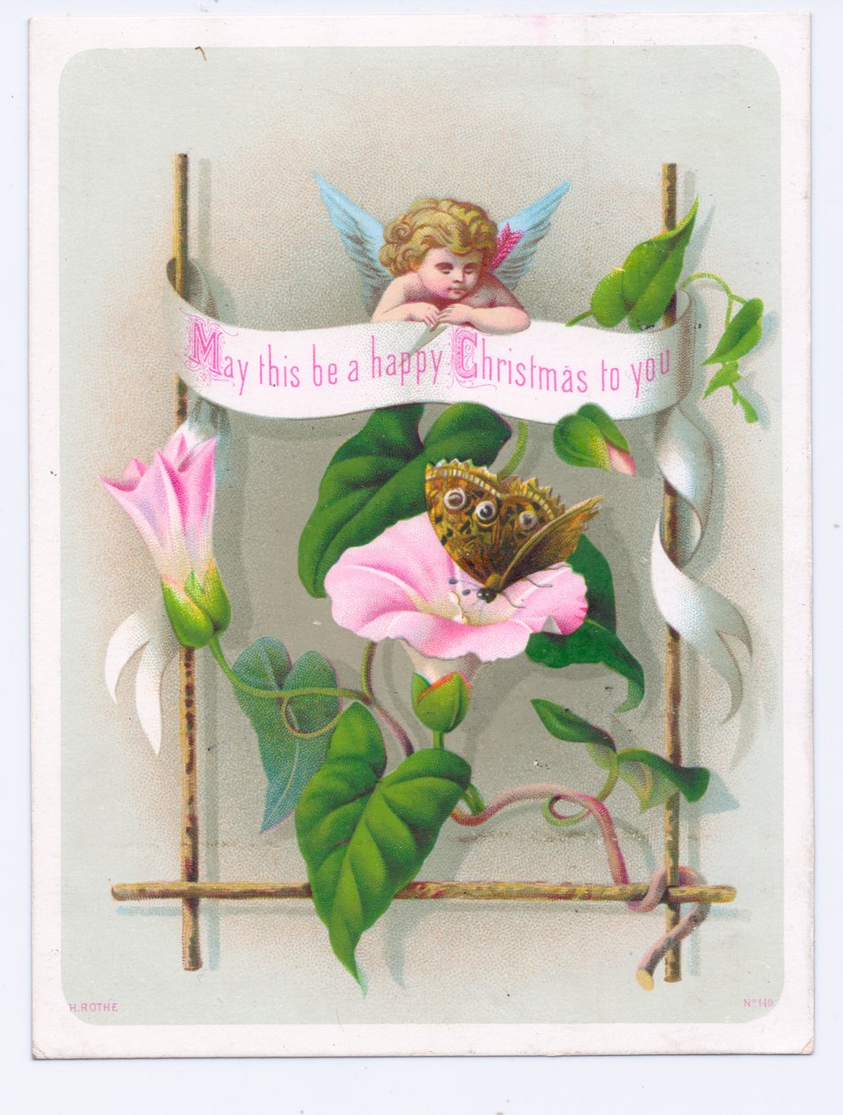 Postal de Natal vitoriano com um cupido a olhar para uma borboleta numa flor cor-de-rosa, c. 1880 (litografia a cores) de English School