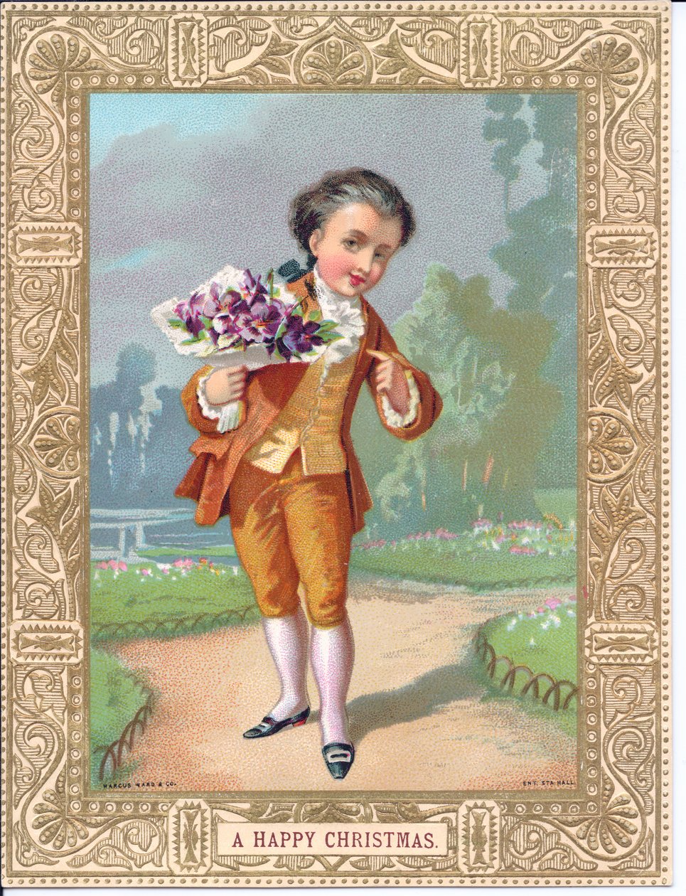 Cartão de Natal vitoriano de um jovem rapaz vestido com roupas vitorianas com um ramo de flores, c.1880 (cor litho) de English School
