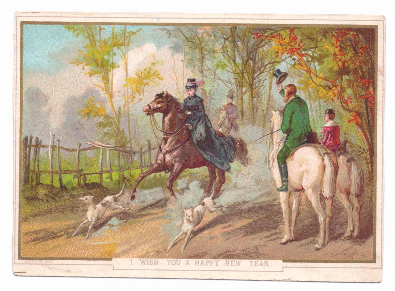 Cartão de Ano Novo vitoriano de uma mulher a cavalo com dois cães de caça saudada por outro casal, c.1880 (litografia a cores) de English School