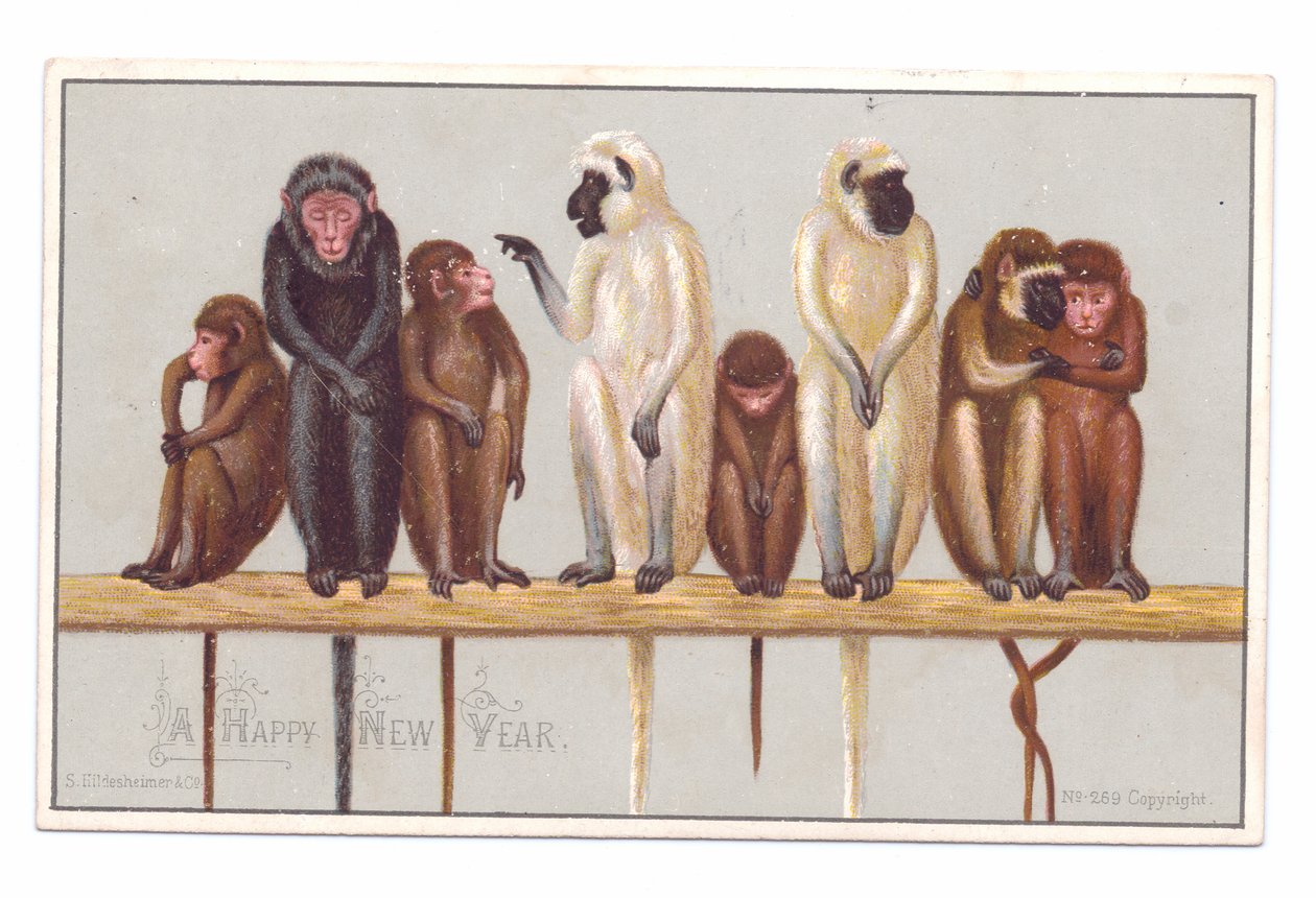 Cartão de Ano Novo vitoriano com oito macacos num parapeito, c.1880 (litografia a cores) de English School