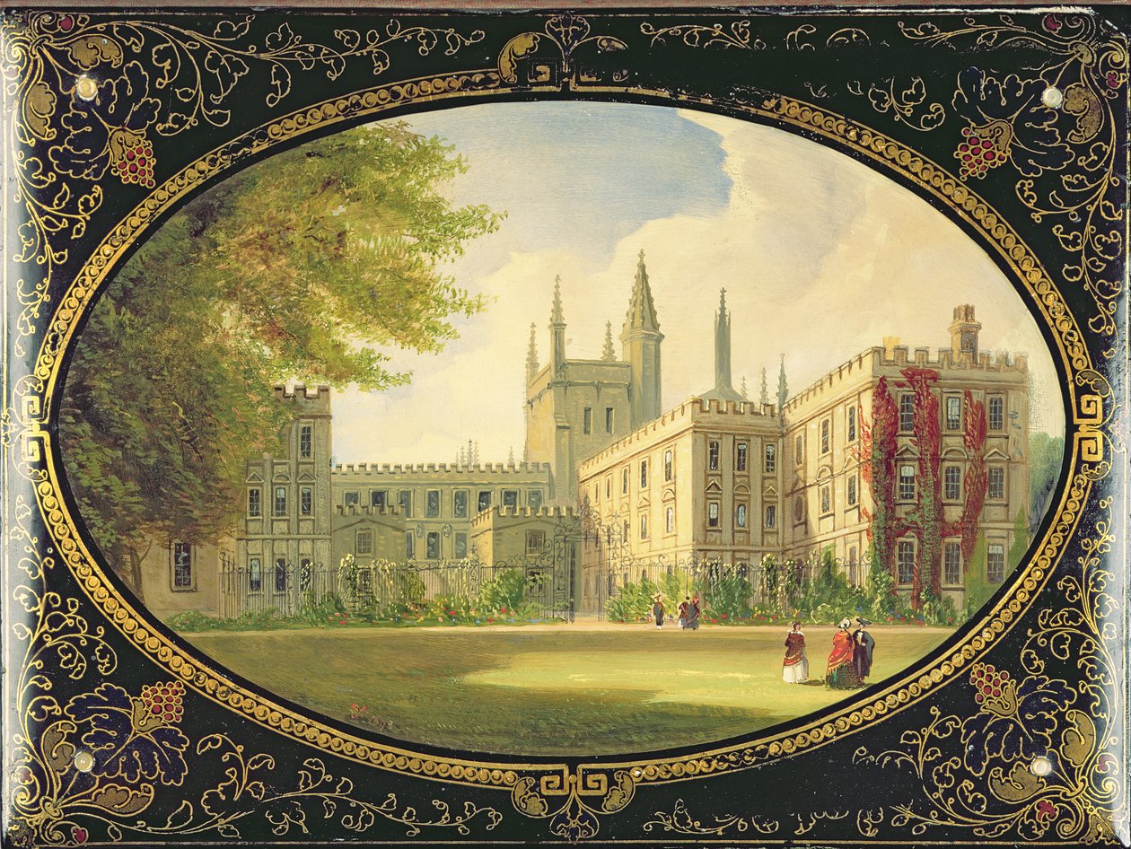 Gravador vitoriano decorado com uma cena do Jardim Quádruplo de New College, Oxford (papel machê) de English School
