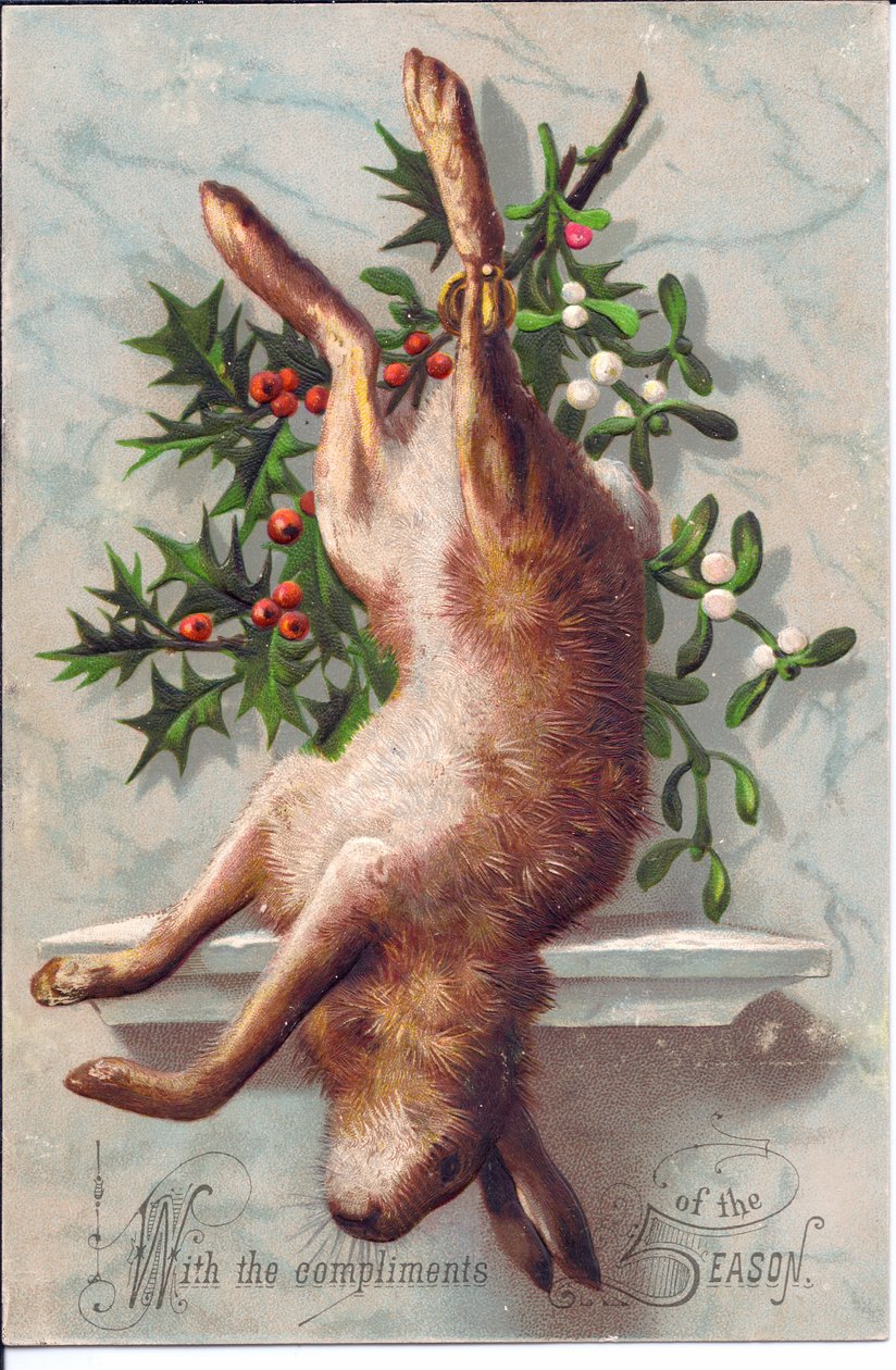 Cartão de felicitações vitoriano de uma lebre morta, c.1880 (litografia a cores) de English School