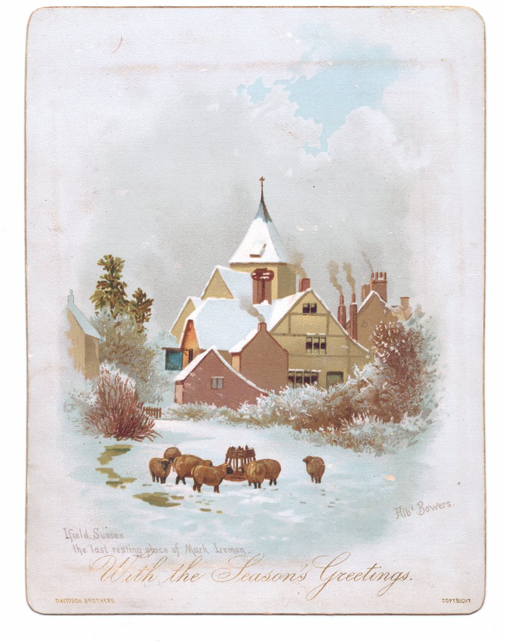 Cartão de saudação vitoriano de ovelhas a vaguear perto de uma igreja na neve, c.1880 (cor litho) de English School