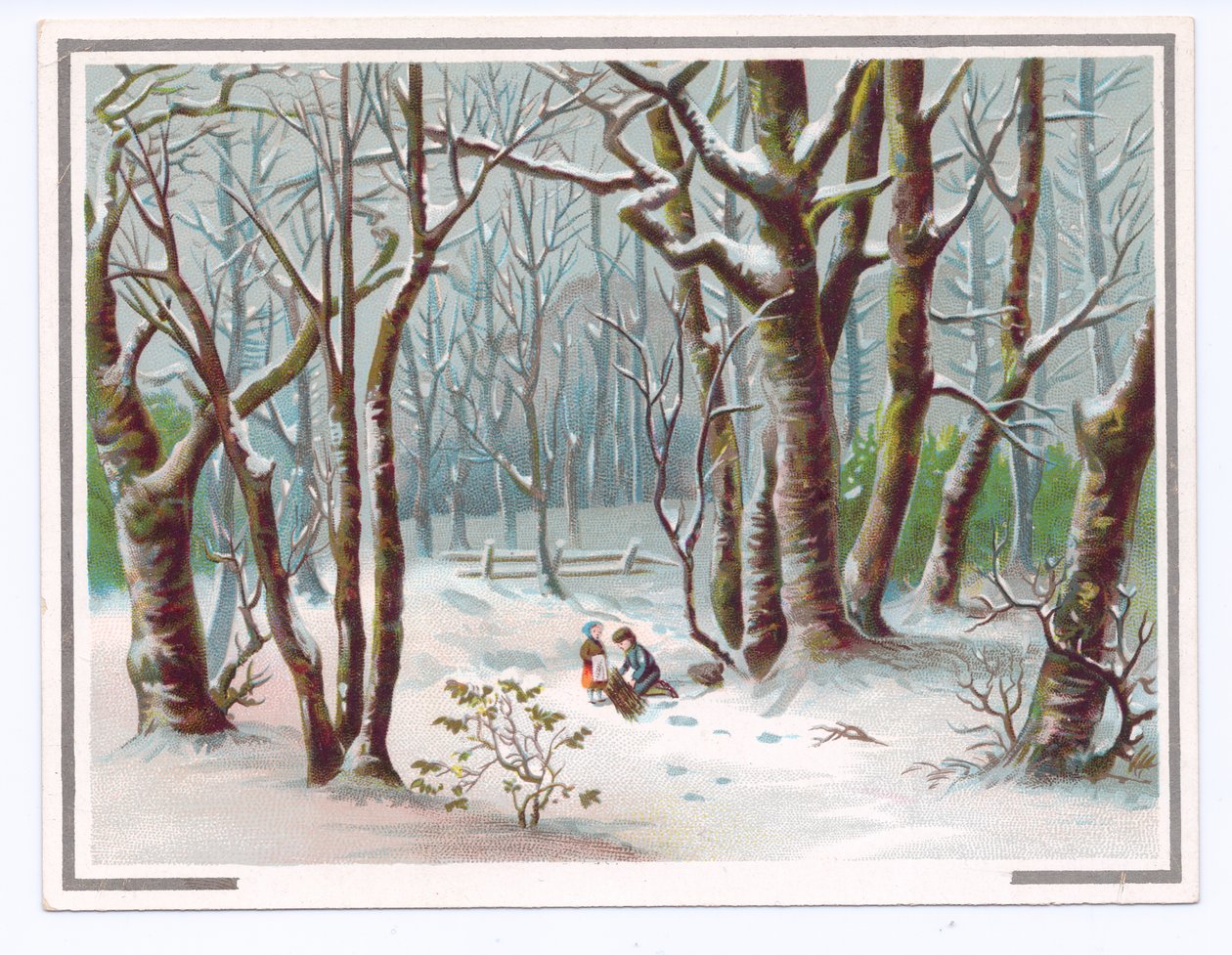Cartão de felicitações vitoriano de duas crianças que recolhem ramos na neve, c.1880 (cor litho) de English School