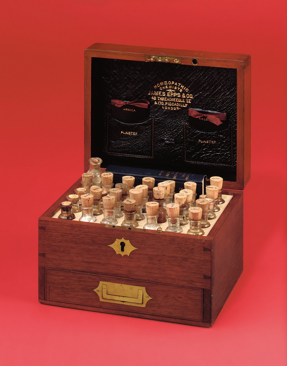 Caixa de remédios homeopática vitoriana produzida por James Epps & Co., meados do século 19 (mogno e latão) de English School