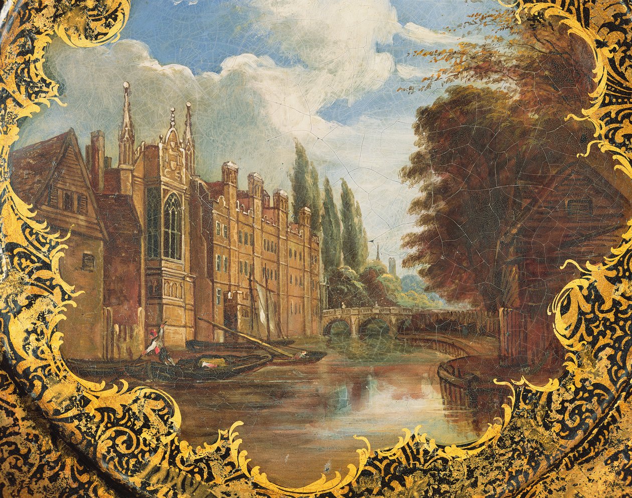 Placa vitoriana decorada com uma cena de St. Johns College, Cambridge, Terceiro Tribunal e sua ponte (papel machê) de English School