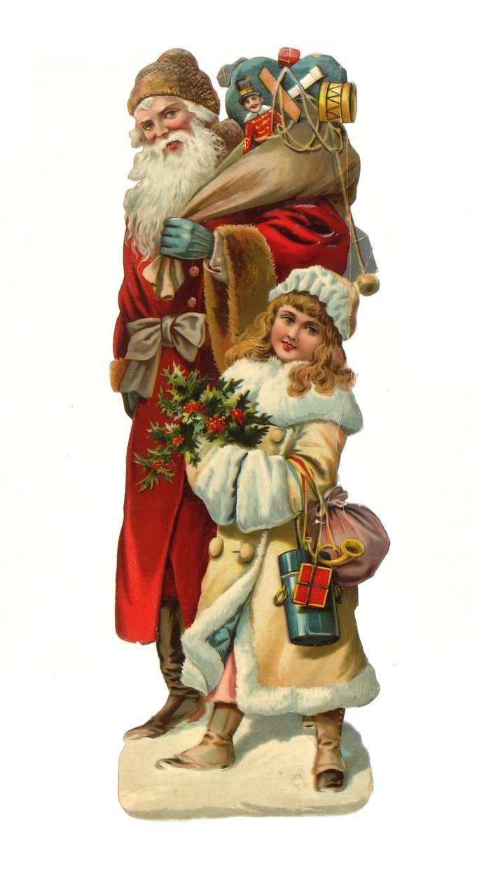 Relevo de papel de sucata vitoriana de Papai Noel presentes, c.1880 de English School