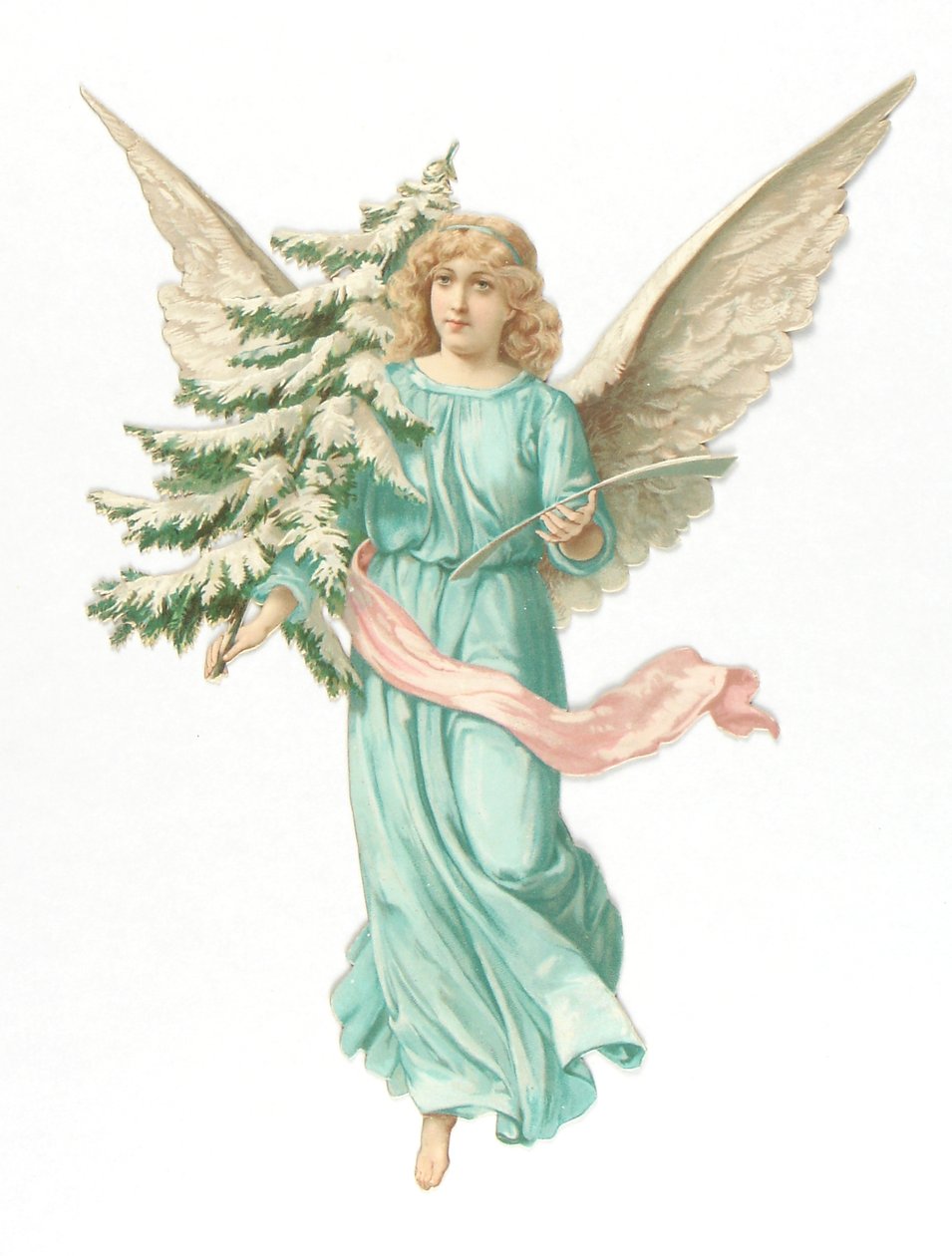 Alívio de sucata vitoriana de um anjo segurando uma árvore do abeto, c.1880 de English School