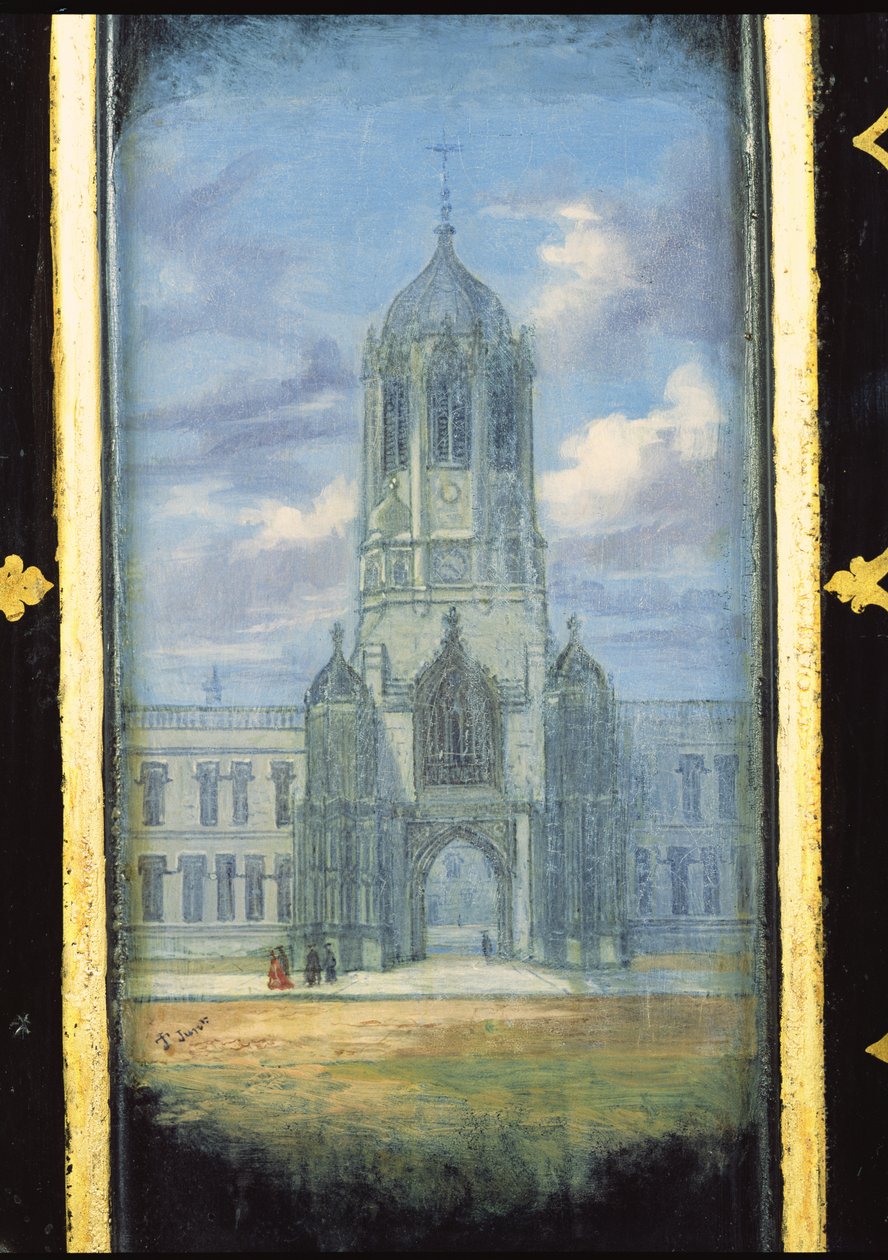 Painel de gabinete de costura vitoriana decorado com uma cena da Igreja de Cristo, Oxford (papel machê) de English School