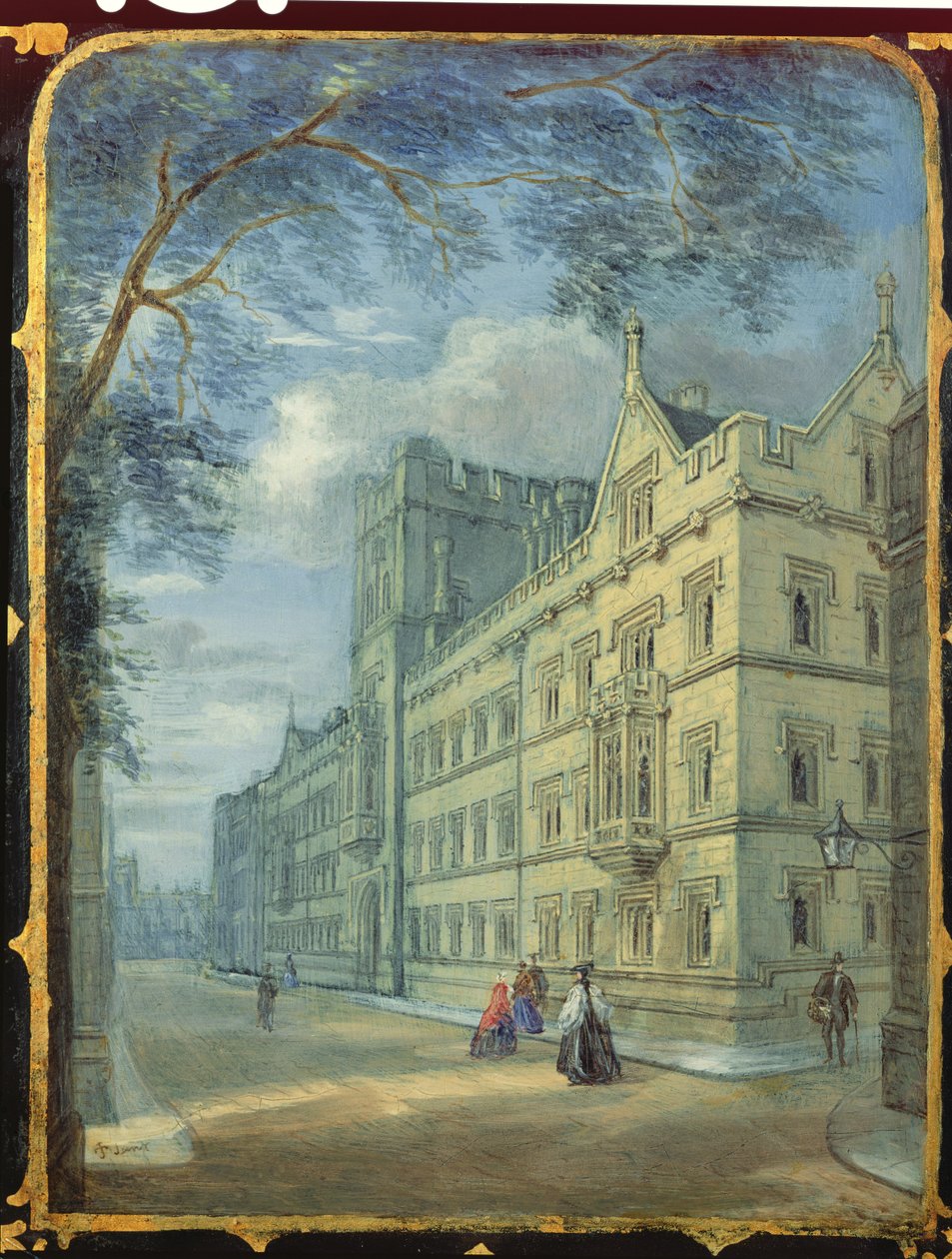 Painel de gabinete de costura vitoriana decorado com uma cena do Exeter College, Oxford (papel machê) de English School