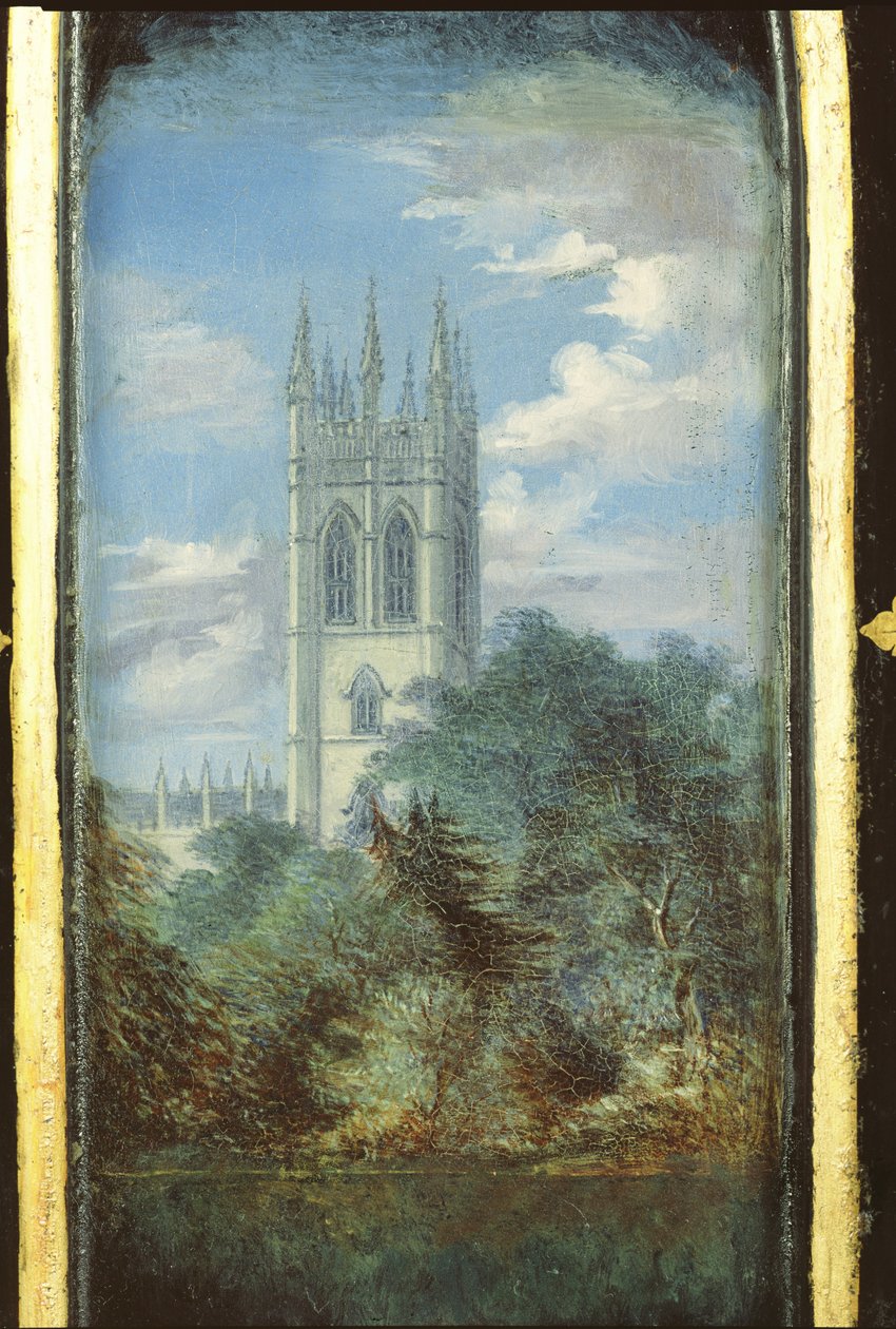 Painel de gabinete de costura vitoriana decorado com uma cena do Magdalen College, Oxford (papel machê) de English School
