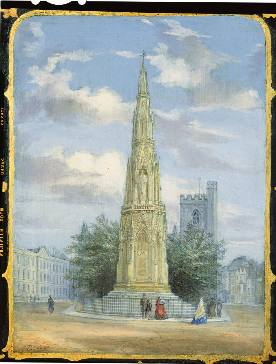 Painel de gabinete de costura vitoriana decorado com uma cena do Memorial dos Mártires, Oxford (papel machê) de English School