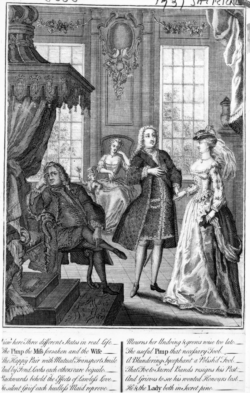 Veja aqui Três estados diferentes na vida real - o cafetão, a senhorita Abandonada e a esposa, 1735-6 de English School