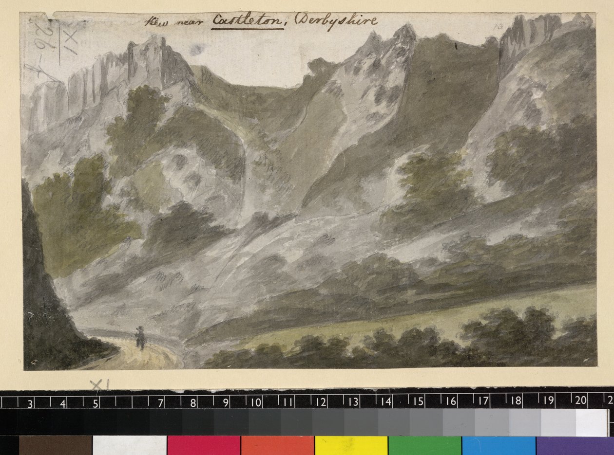 Vista perto de Castleton, Derbyshire, c.1790 (aguarela sobre lápis sobre papel) de English School
