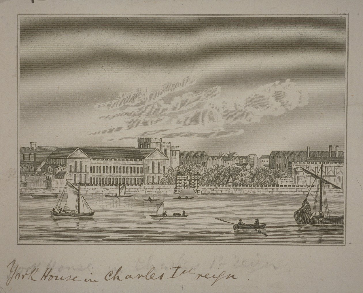 Vista para o norte através do rio Tâmisa, olhando para a York House e York Buildings de English School