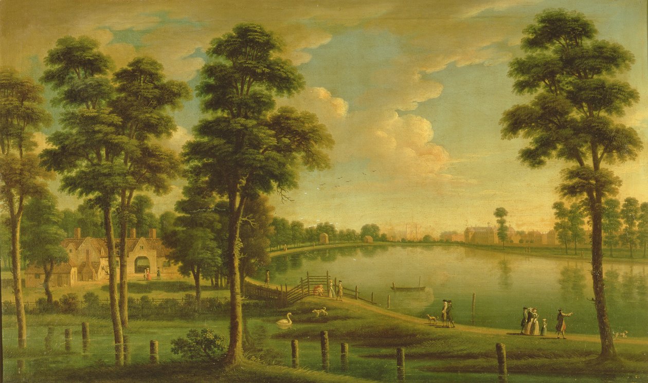 Vista do reservatório de Chelsea e do sistema hidráulico, com a Abadia de Westminster à distância, c.1725 de English School