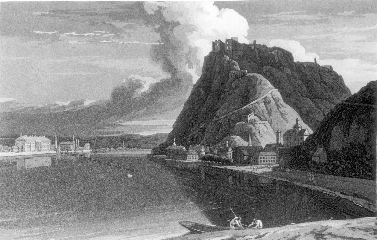 Vista de Ehrenbreitstein e Coblenz, de um passeio pela Holanda, ao longo dos bancos direito e esquerdo do Reno ao sul da Alemanha por Sir John Carr, publicado em 1807 de English School