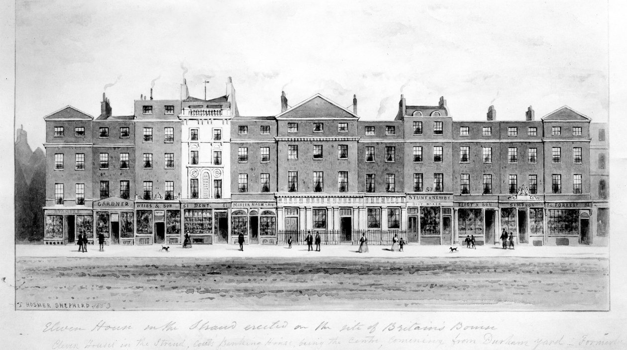 Vista de Onze Casas erigidas no local da antiga Bolsa na Costa, 1853 (desenho) de English School