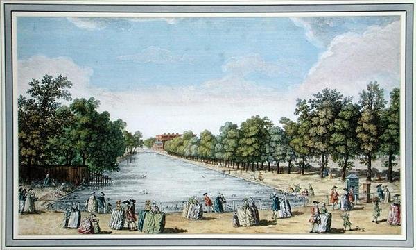 Vista do Jardim Formal com um lago, provavelmente o Long Water at Hampton Court (cor litho) de English School