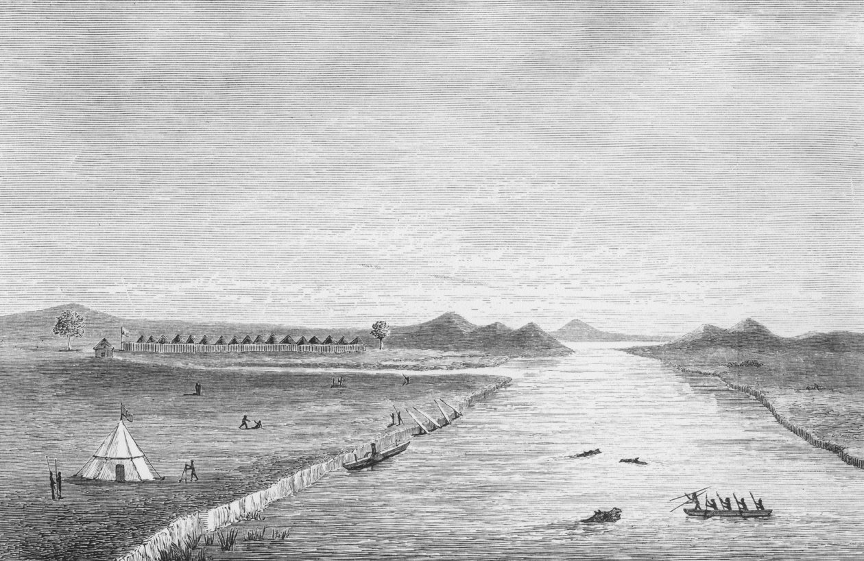 Vista de Gondokoro, de &39;África Central: Verdades nuas de pessoas nuas&39;, de Charles Chaillé-Long de English School