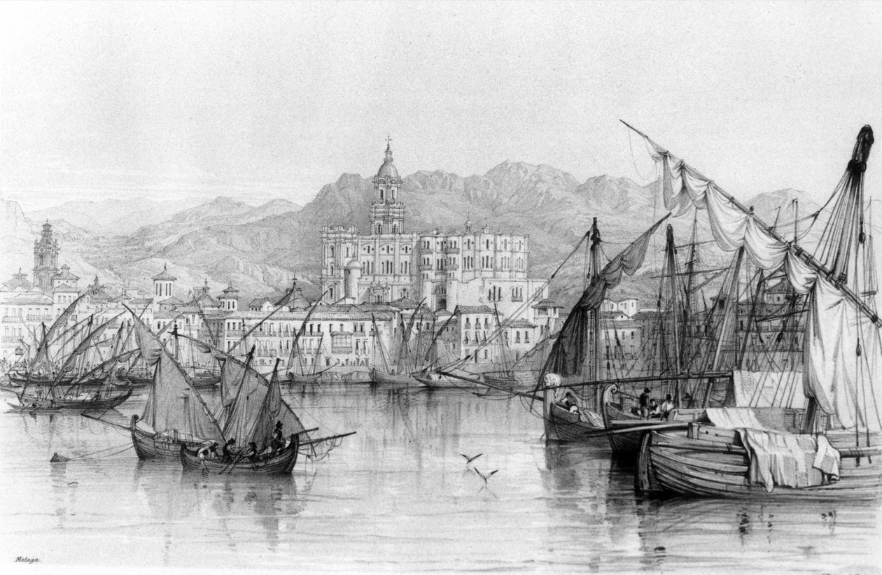 Vista de Málaga, do cenário espanhol por George Vivian, publicado em 1838 de English School