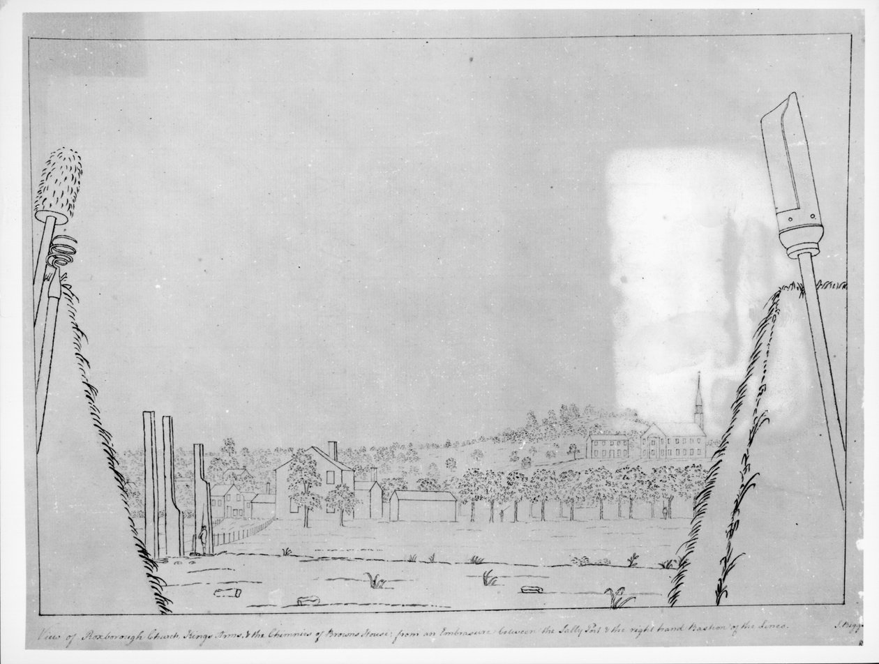 Vista da Igreja de Roxborough, Kings Arms e as chaminés da Browns House, de um vão entre o porto de Sally e o bastião das linhas, 1776 de English School