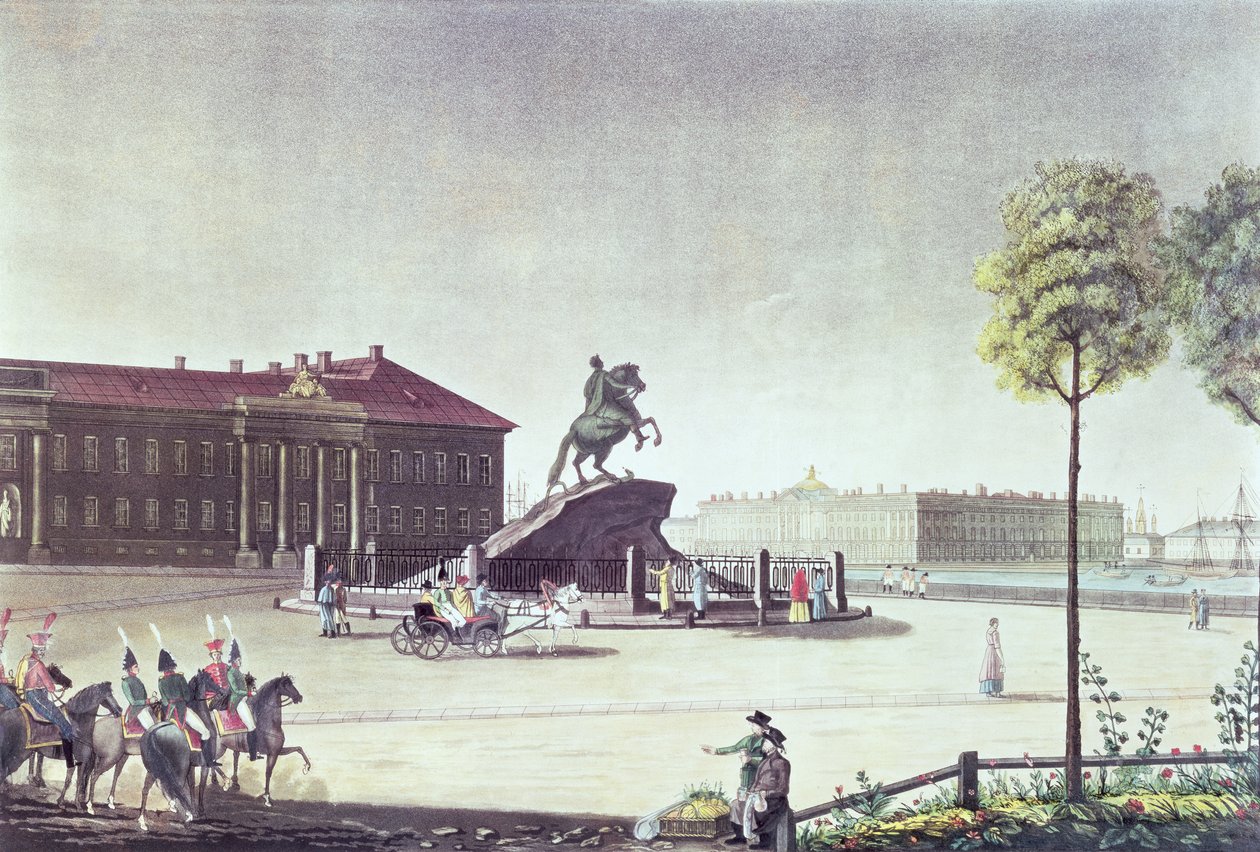 Vista de São Pedro, a Grande Praça e do Senado de São Petersburgo, publicado por Boyer, Londres 1815 (lito colorido) de English School