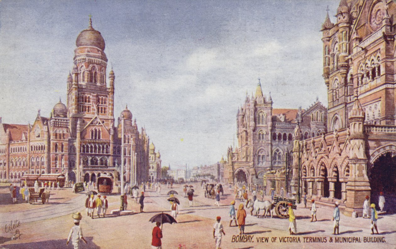 Vista do Victoria Terminus e do Edifício Municipal, Bombaim (litografia a cores) de English School