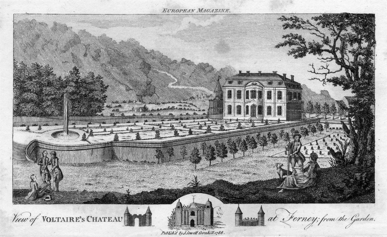 Vista do castelo de Voltaire em Ferney, do jardim, pub. 1786. de English School