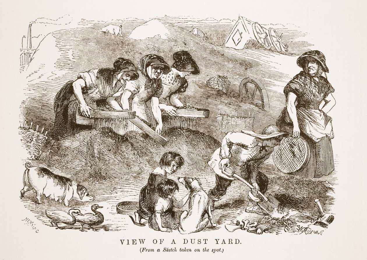 Vista de uma jarda de poeira, ilustração do trabalho de Londres e pobre de Londres por Henry Mayhew, bar. 1862 de English School