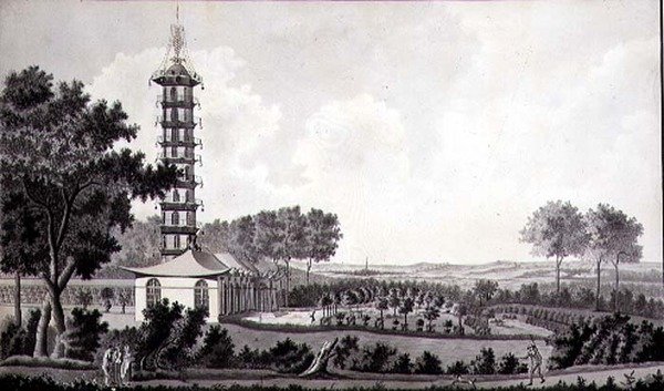Vista de um jardim holandês com um Pagode chinês, c.1770 (caneta e tinta com aquarela sobre papel) de English School