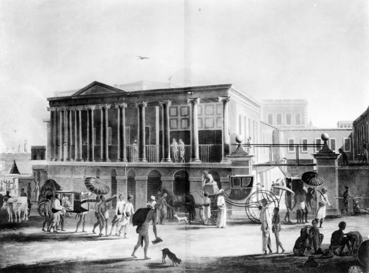 Vista de uma casa, Manufactory e Bazar, em Calcutá, gravado por Francis Jukes, 1795 (aquatint) de English School