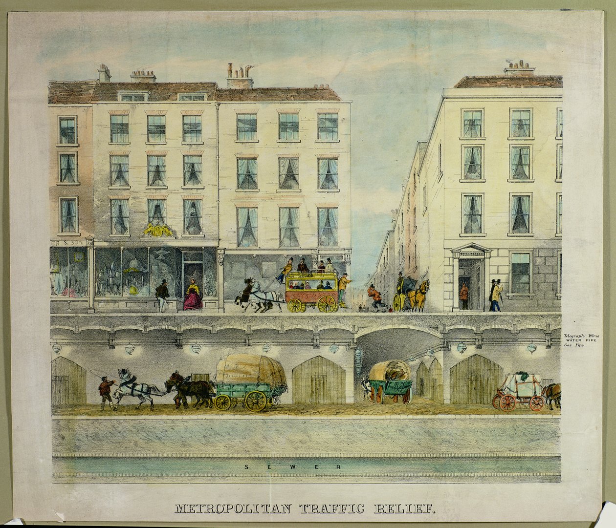 Vista de uma rua de Londres com sugestão de túnel por baixo para aliviar o tráfego, c.11850 (litografia) de English School