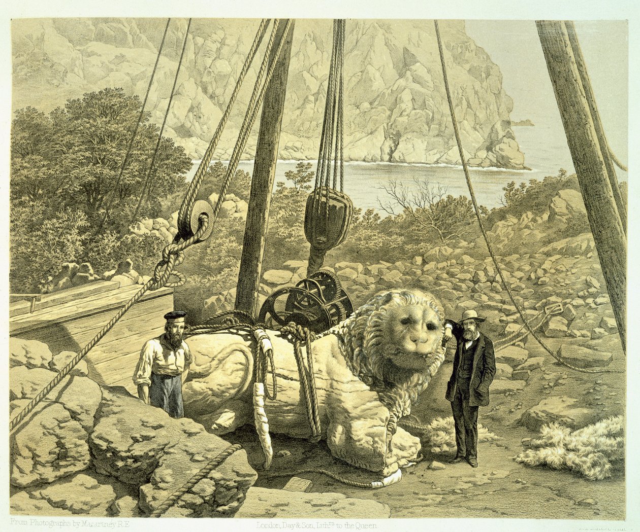 Vista de um leão colossal sendo levantado, de uma história de descobertas em Helicarnassus, Cnidus e Branchidae, por Charles Thomas Newton (1816-94) publicado de 1862 de English School