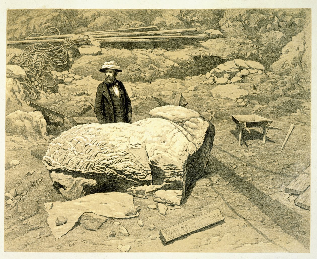 Vista de um leão colossal a seu lado, com Newton por trás, de A History of Discoveries em Helicarnassus, Cnidus & Branchidae, de Charles Thomas Newton (1816-94), publicado em 1862 de English School