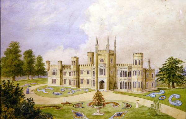 Vista de uma casa de campo estilo gótico com um jardim formal, c.1840 (aguarela sobre papel) de English School