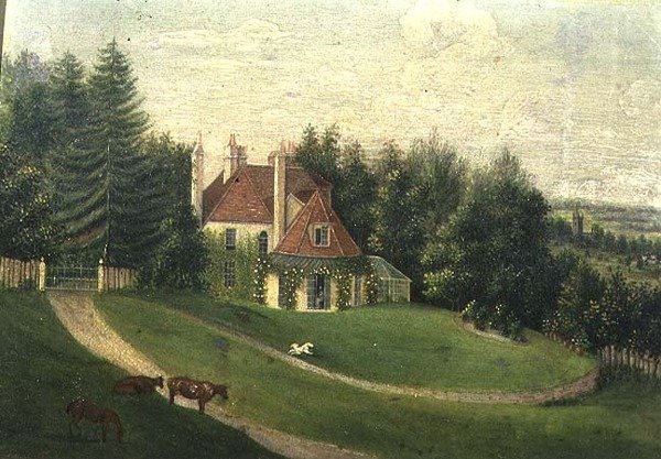 Vista de uma casa e de um jardim (painel) de English School