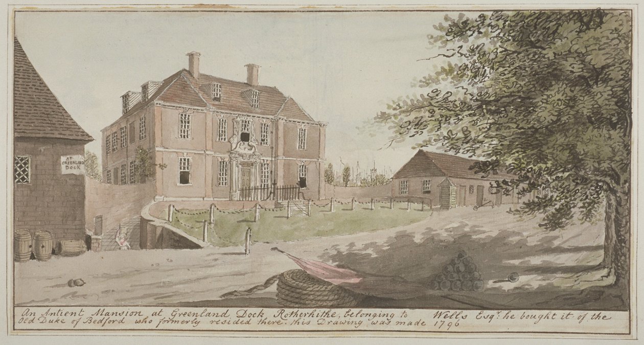 Vista de uma antiga mansão na Gronelândia Doca em Rotherhithe, Bermondsey, 1796 (wc no papel) de English School