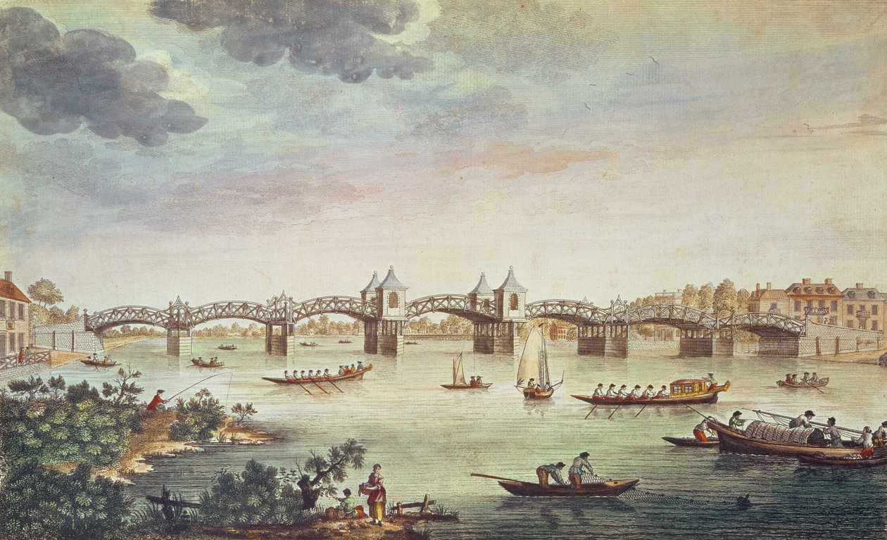Vista da ponte sobre o Tamisa em Hampton Court, gravada por John Bowles (fl. 1724-56) de English School