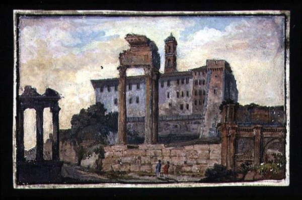 Vista do Capitólio e dos Templos de Castor e Pollux, Roma, c.1800 (gouache no papel) de English School