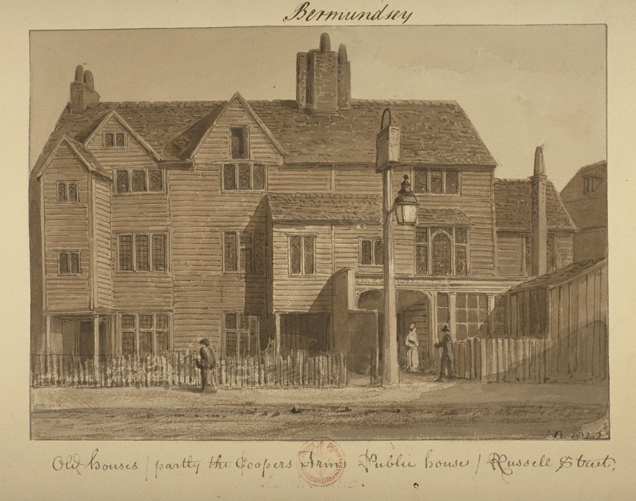 Vista do Coopers Arms Inn, Russell Street, 1828 (lavar no papel) de English School