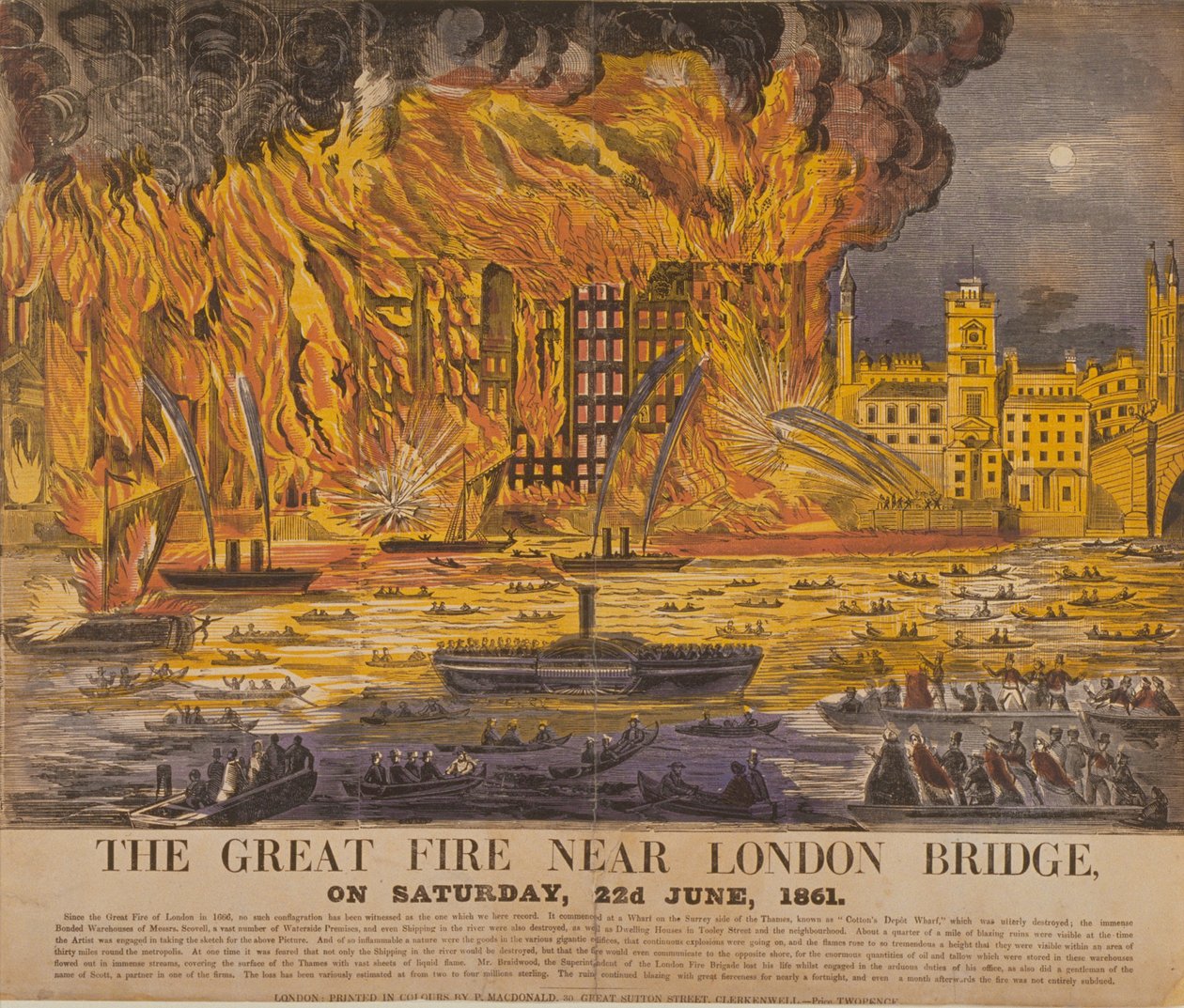 Vista do Cottons Wharf Fire, 1861 (cor xilogravura) de English School