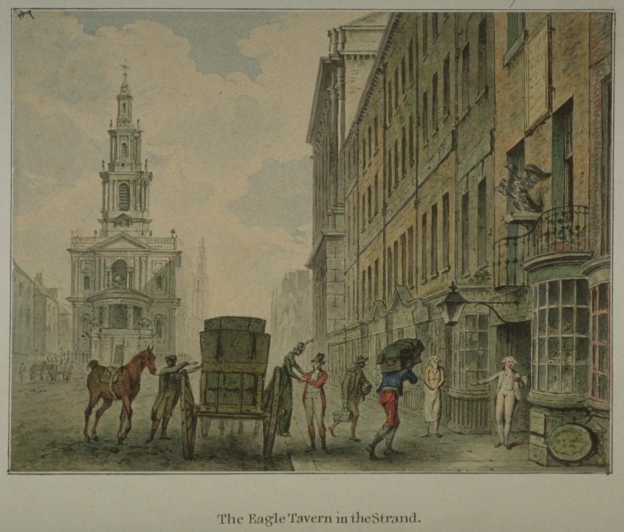 Vista da Taberna da Águia no Strand, Westminster, com um homem a descarregar produtos de uma carroça puxada por cavalos na estrada e St Mary le Strand na distância, c.1800 (aguarela sobre papel) de English School