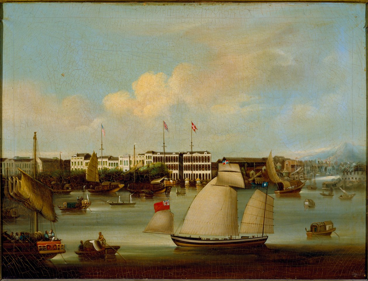 Vista das fábricas estrangeiras, Cantão, antes de 1850 (óleo sobre tela) de English School