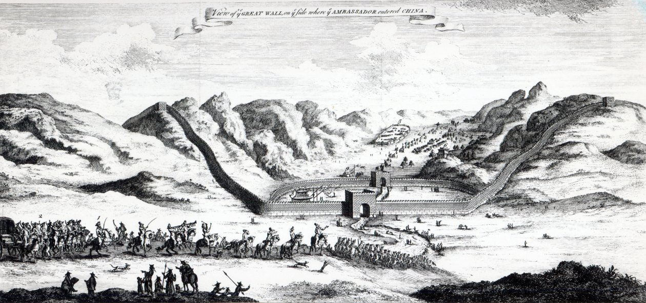 Vista da Grande Muralha do lado onde o embaixador entrou na China, de "Uma coleção de viagens e viagens" de John Harris, 1748 de English School